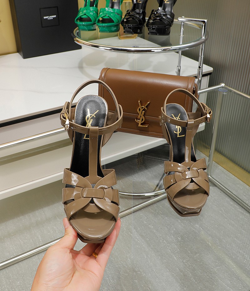 Sa1nt Lau*nt Tribute Platform Sandals In Patent Brown For Women