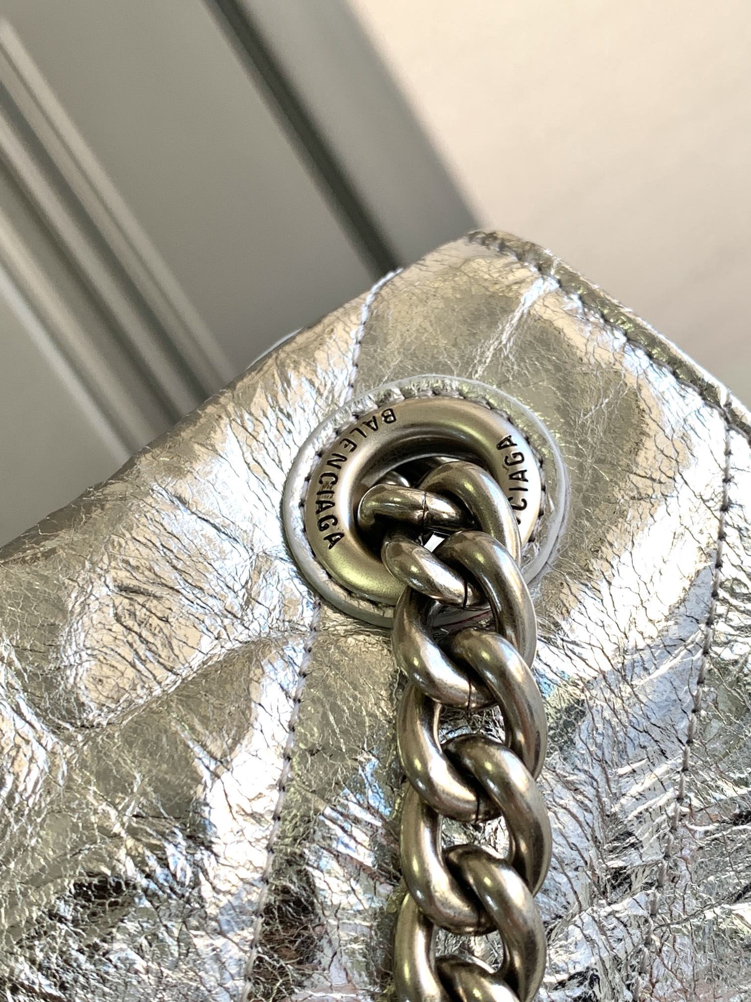 Ba1en*iaga Crush Medium Chain Bag Metallized Quilted In Sliver Tone For Women 12.2in/31cm 716351210IW8110