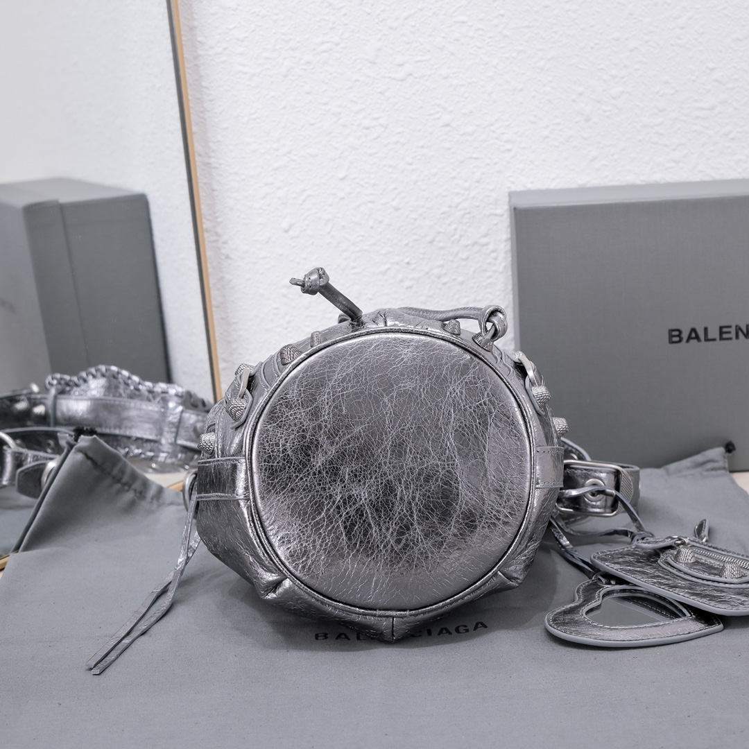 Ba1en*iaga Le Cagole Xs Bucket Bag Metallized With Rhinestones In Gold Tone/Sliver Tone/Grey For Women 7.8in/20 cm