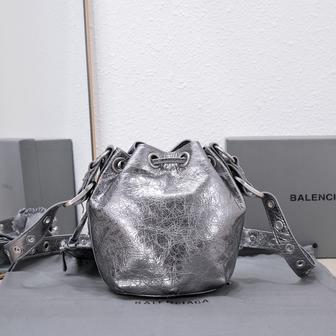 Ba1en*iaga Le Cagole Xs Bucket Bag Metallized With Rhinestones In Gold Tone/Sliver Tone/Grey For Women 7.8in/20 cm