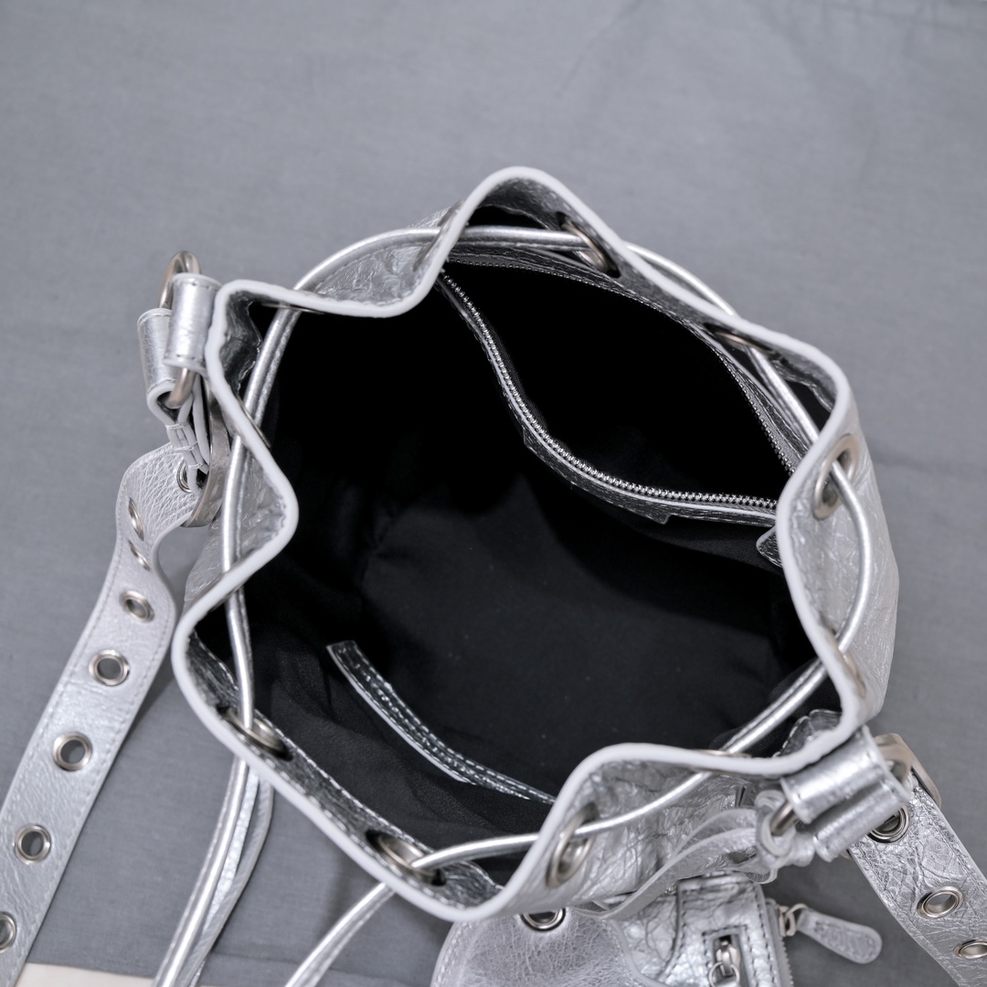 Ba1en*iaga Le Cagole Xs Bucket Bag Metallized With Rhinestones In Gold Tone/Sliver Tone/Grey For Women 7.8in/20 cm
