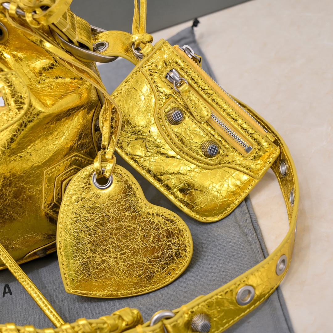 Ba1en*iaga Le Cagole Xs Bucket Bag Metallized With Rhinestones In Gold Tone/Sliver Tone/Grey For Women 7.8in/20 cm