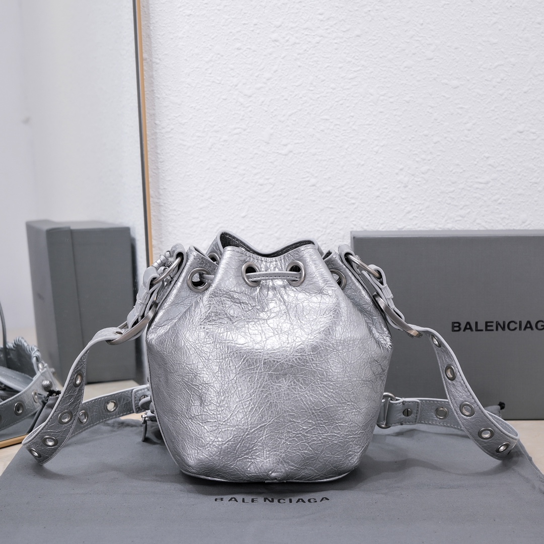 Ba1en*iaga Le Cagole Xs Bucket Bag Metallized With Rhinestones In Gold Tone/Sliver Tone/Grey For Women 7.8in/20 cm