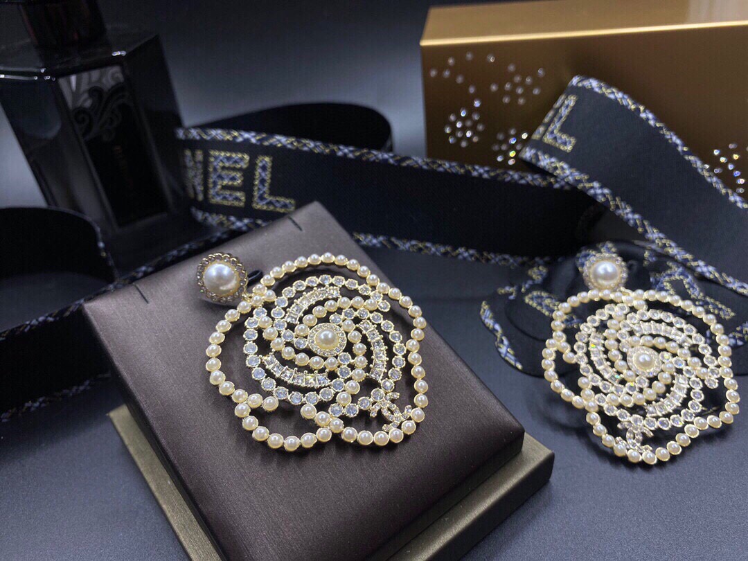 Ch**el Big Camellia Pearl Earrings Gold Tone For Women