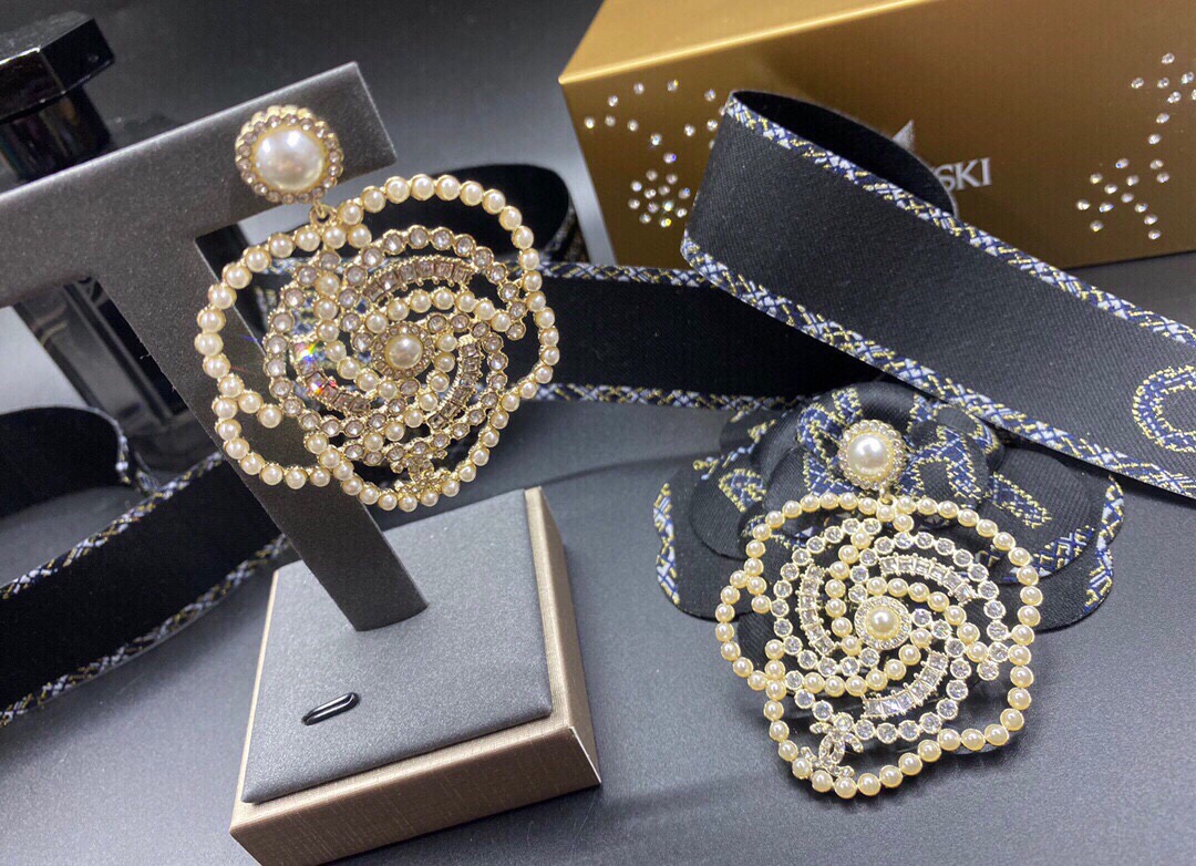 Ch**el Big Camellia Pearl Earrings Gold Tone For Women