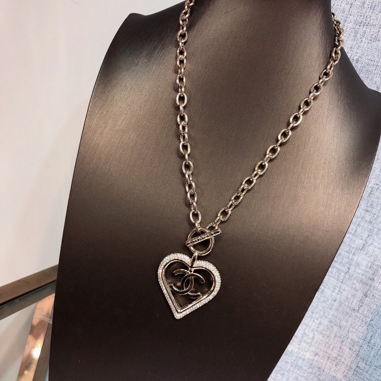 Ch**el Big Heart Frame Necklace Gold Tone For Women