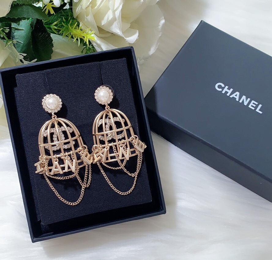 Ch**el Bird Cage Shape Earrings Gold Tone For Women
