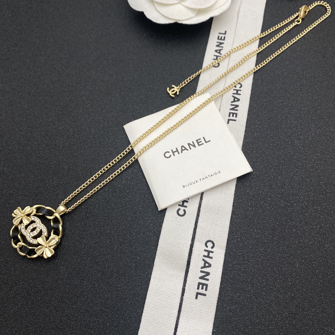 Ch**el Black Circle Pendant Necklace Gold Tone For Women