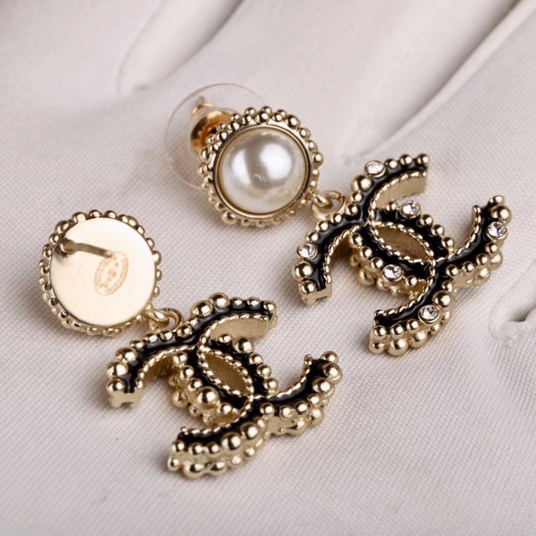 Ch**el Black Douple C Earrings Gold Tone For Women