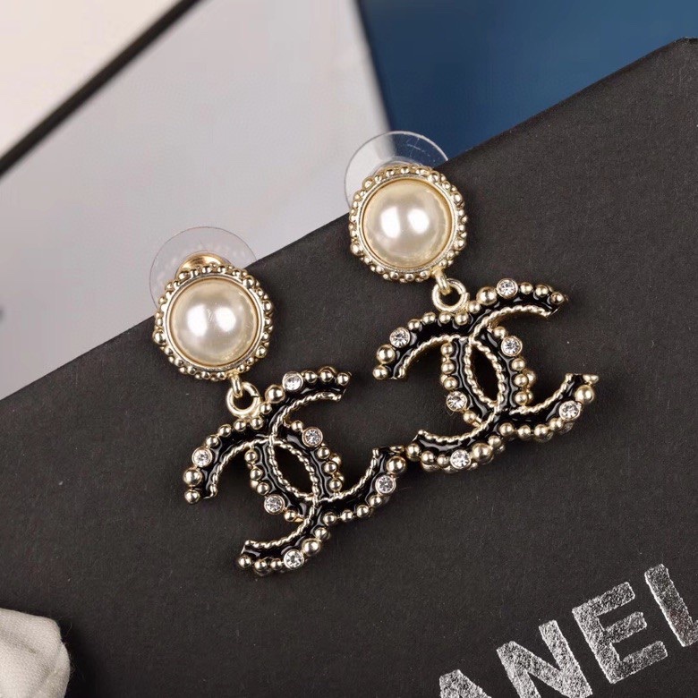 Ch**el Black Douple C Earrings Gold Tone For Women