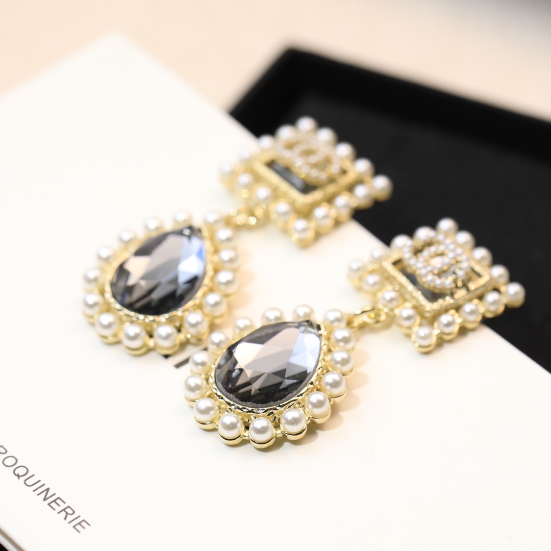 Ch**el Black Twinkle Stone Earrings Gold Tone For Women