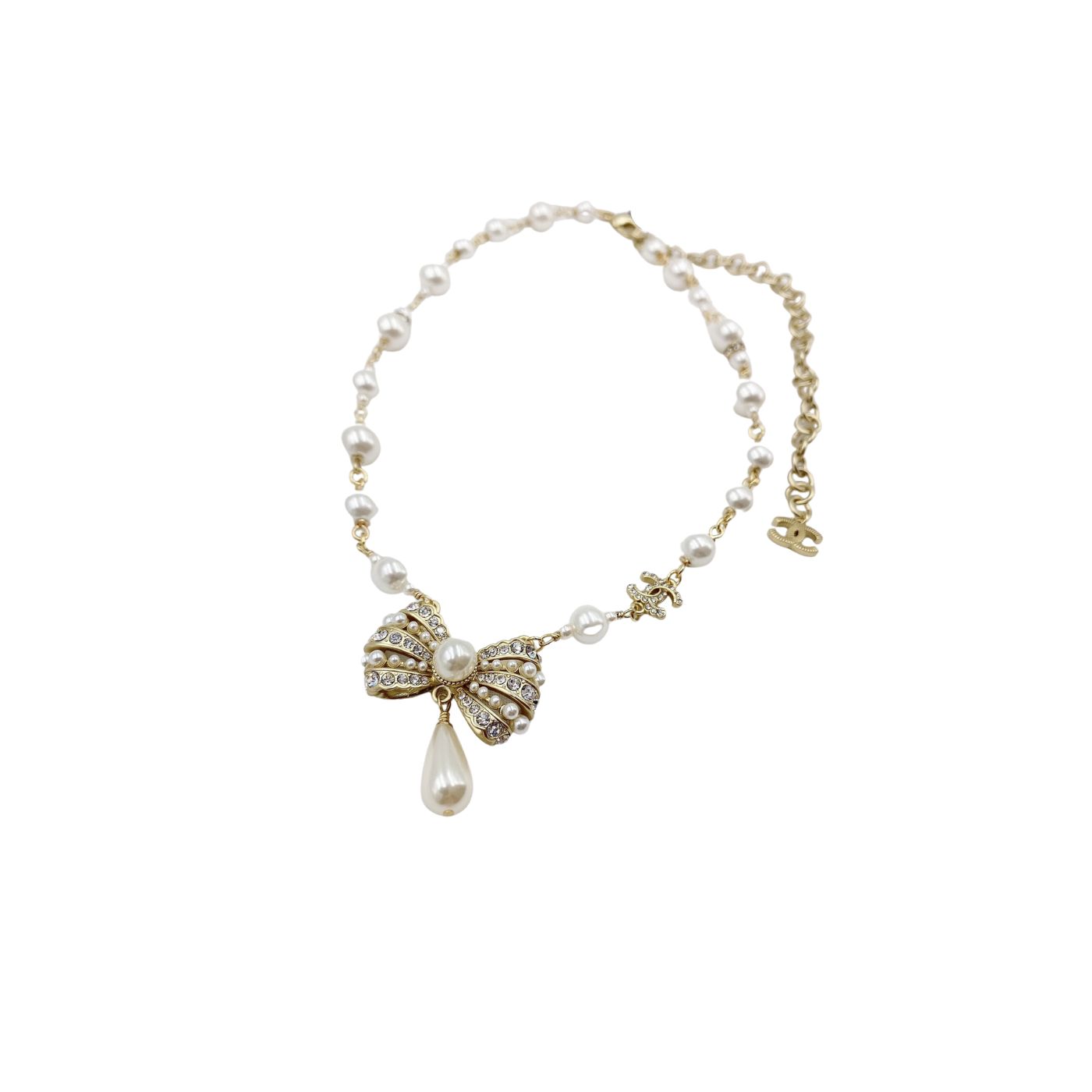 Ch**el Bowknot Pendant Pearl Necklace Gold Tone For Women