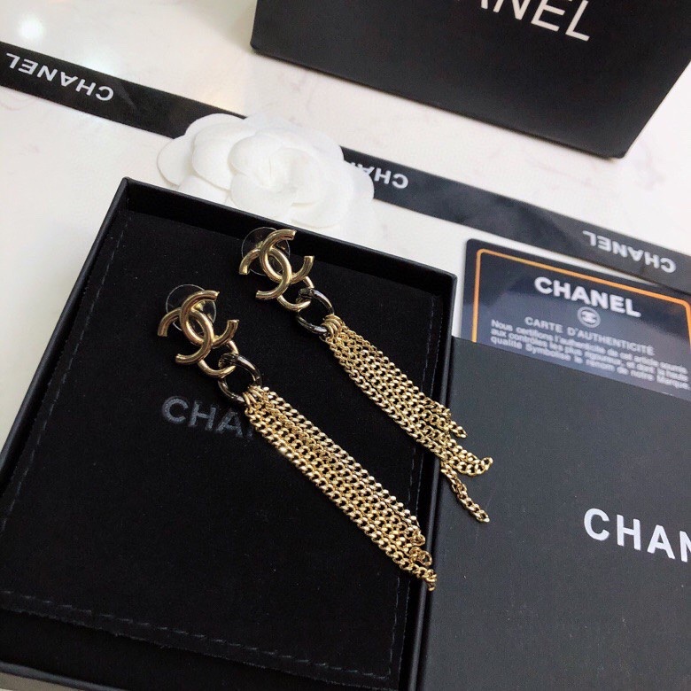 Ch**el Chain Long Shape Earrings Gold Tone For Women