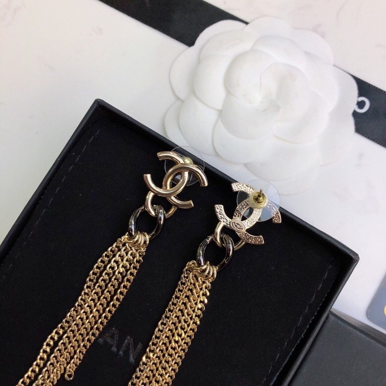 Ch**el Chain Long Shape Earrings Gold Tone For Women