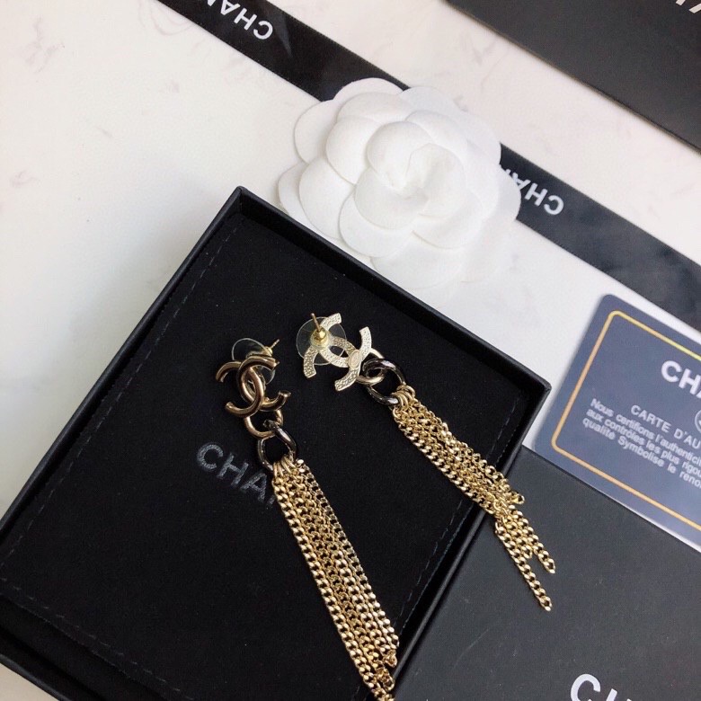 Ch**el Chain Long Shape Earrings Gold Tone For Women