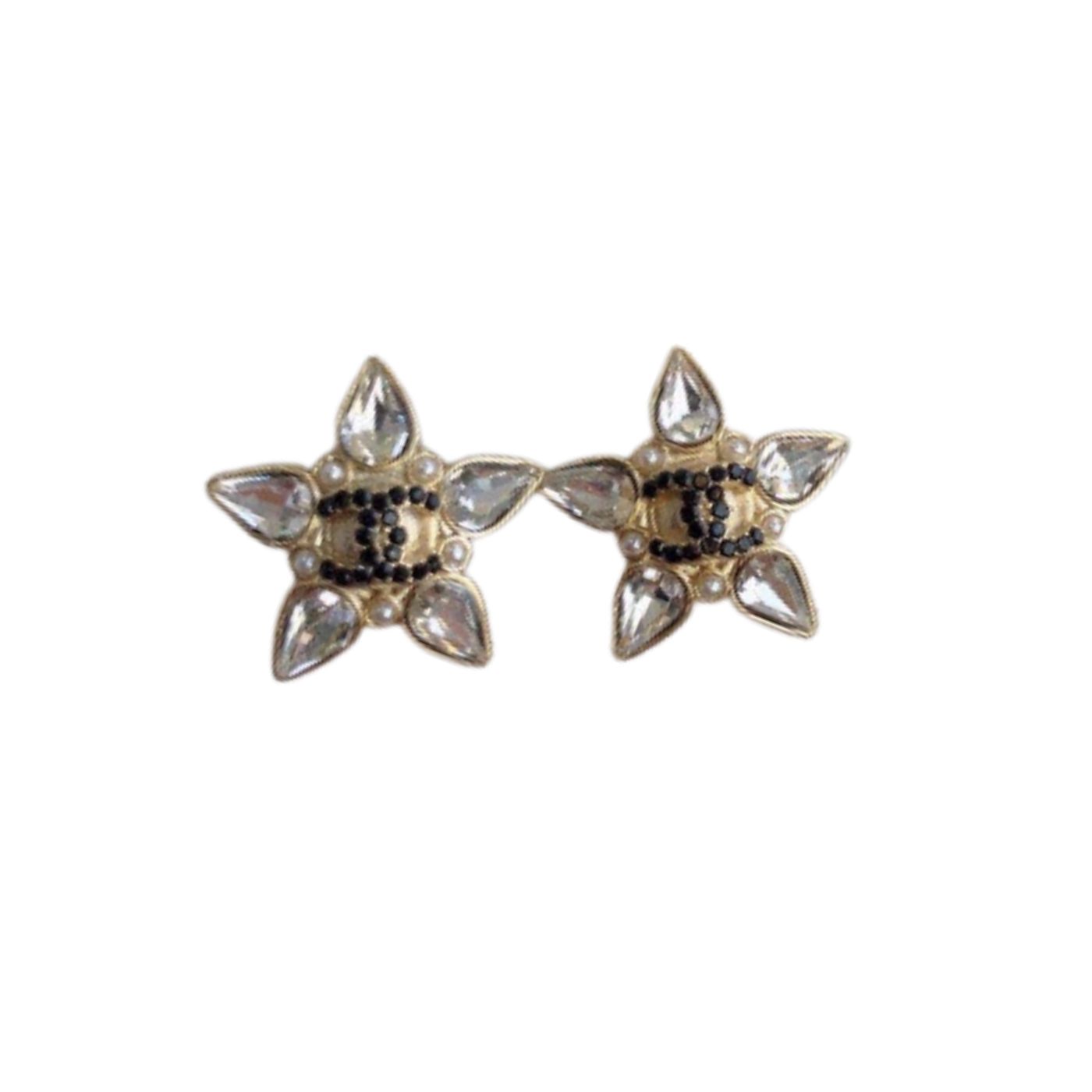Ch**el Crystal Five Petals Flower Earrings Gold Tone For Women