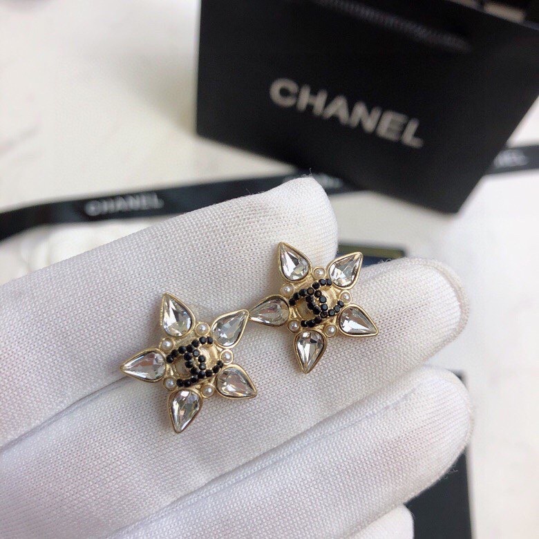 Ch**el Crystal Five Petals Flower Earrings Gold Tone For Women