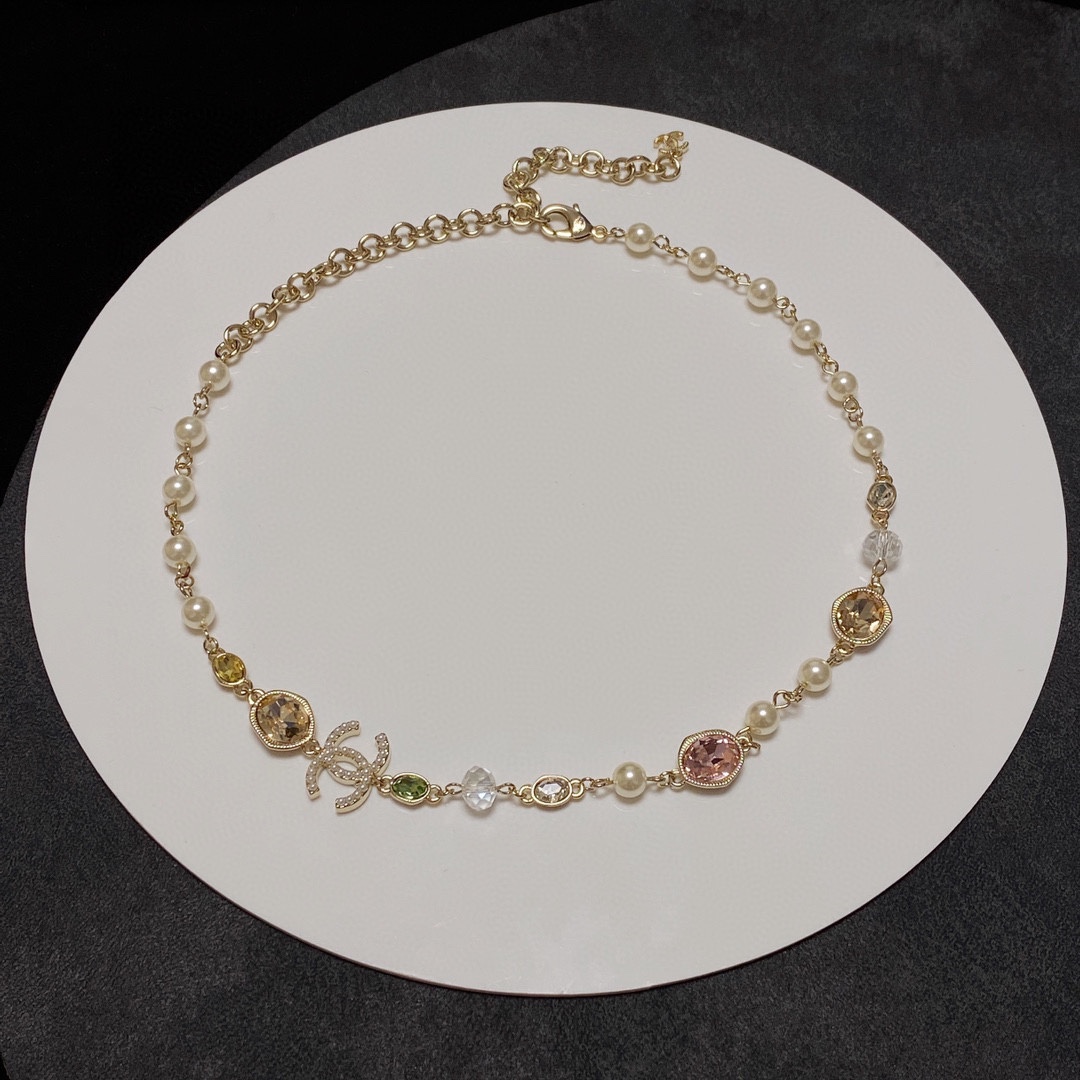 Ch**el Crystal Necklace Gold For Women