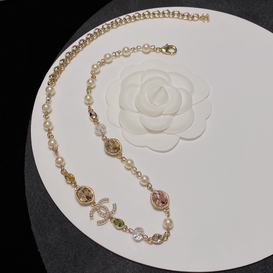 Ch**el Crystal Necklace Gold For Women