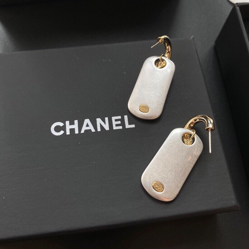 Ch**el Dangling Big Tag Earrings Gold Tone For Women