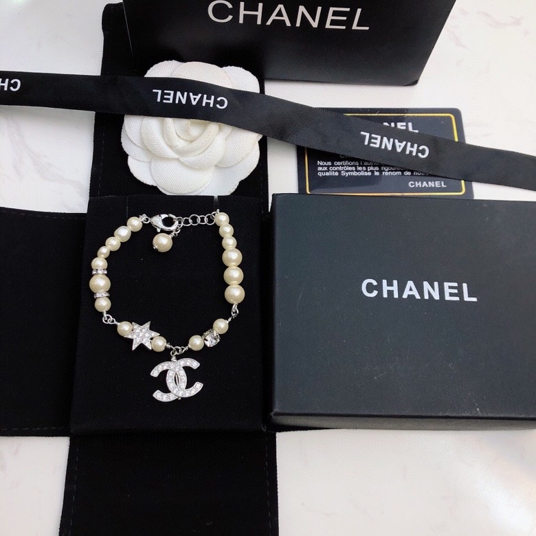 Ch**el Dangling Douple C Pearl Chain Bracelet Silver Tone For Women
