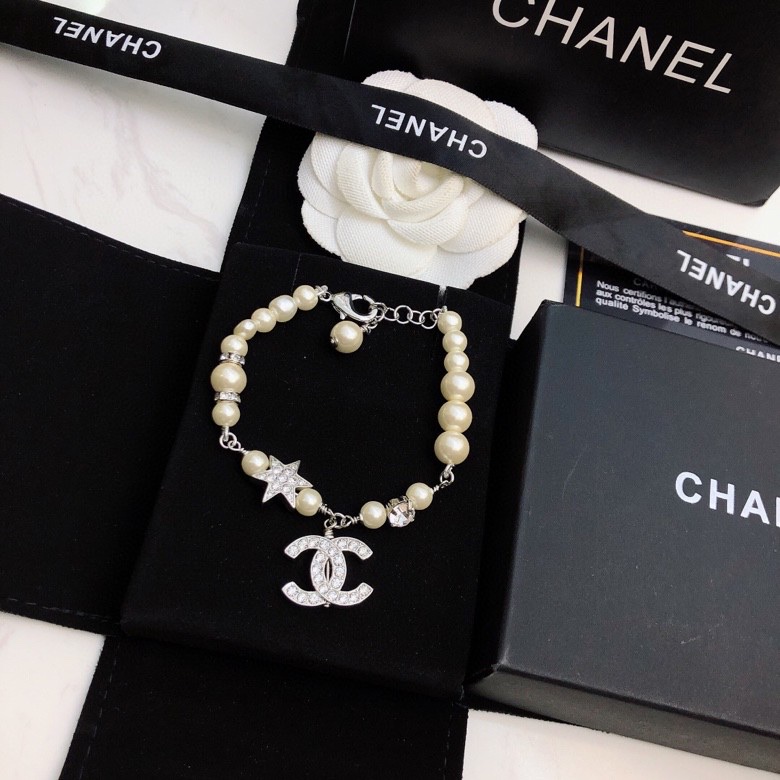 Ch**el Dangling Douple C Pearl Chain Bracelet Silver Tone For Women