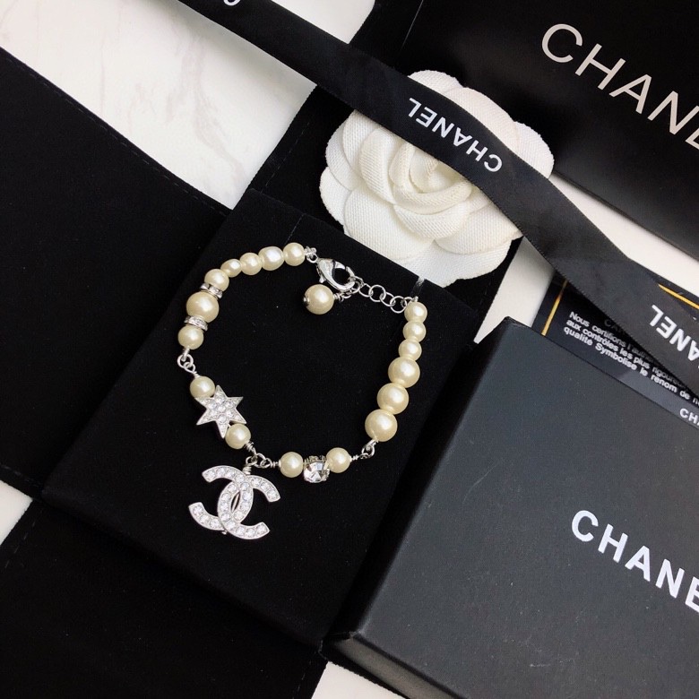 Ch**el Dangling Douple C Pearl Chain Bracelet Silver Tone For Women