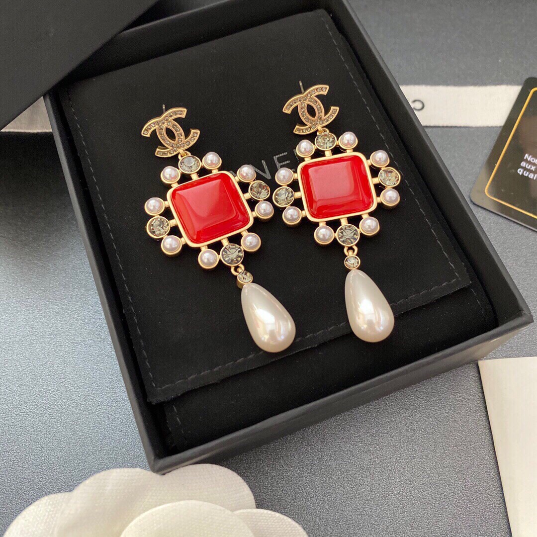 Ch**el Dark Red Square Stone Earrings Gold Tone For Women
