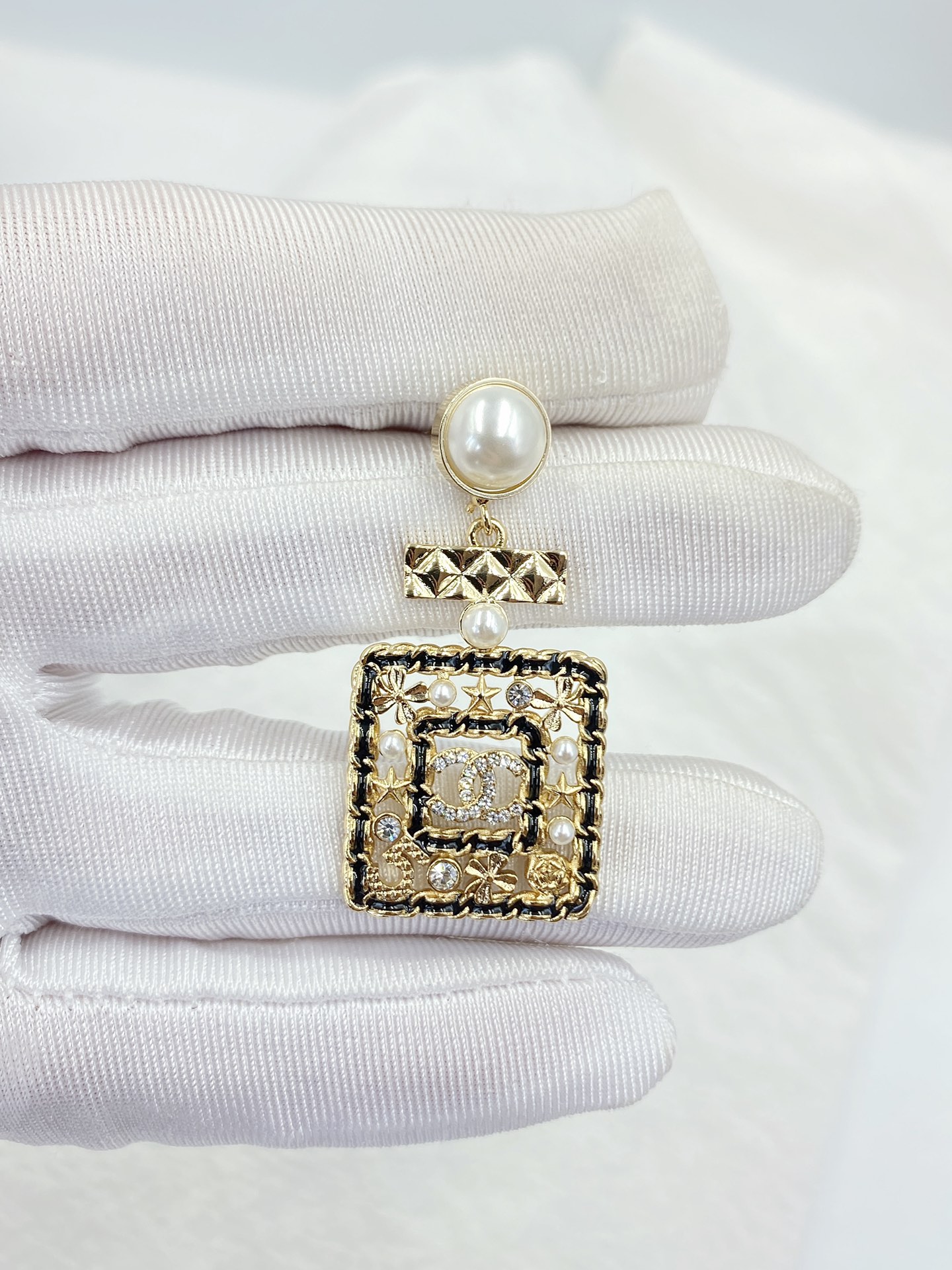 Ch**el Douple Black Border Square Frame Earrings Gold Tone For Women