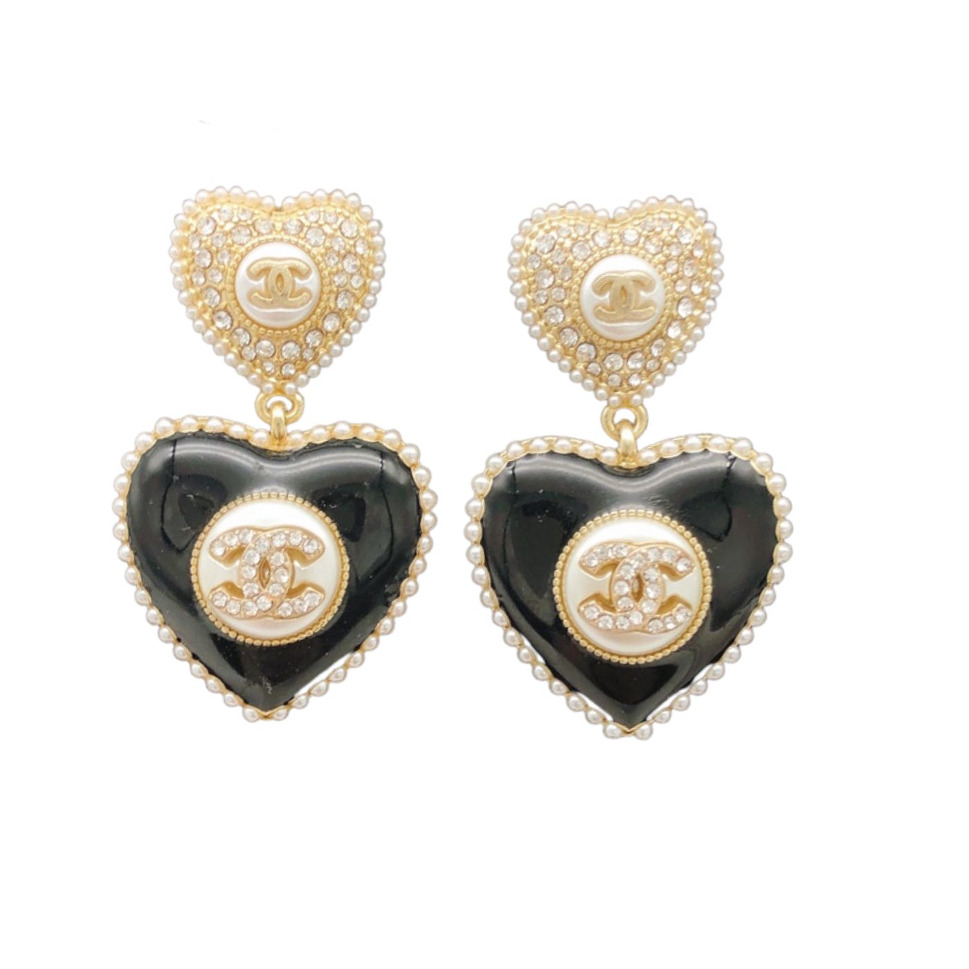 Ch**el Heart Pearl Pendant Earrings Black For Women