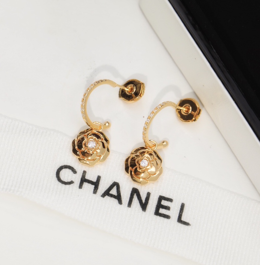 Ch**el Hollow Camellia Earrings Gold For Women