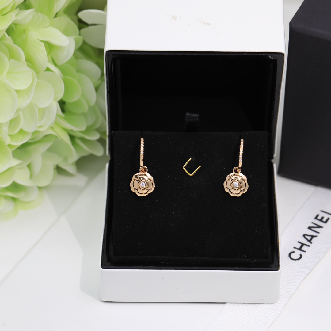 Ch**el Hollow Camellia Earrings Gold For Women