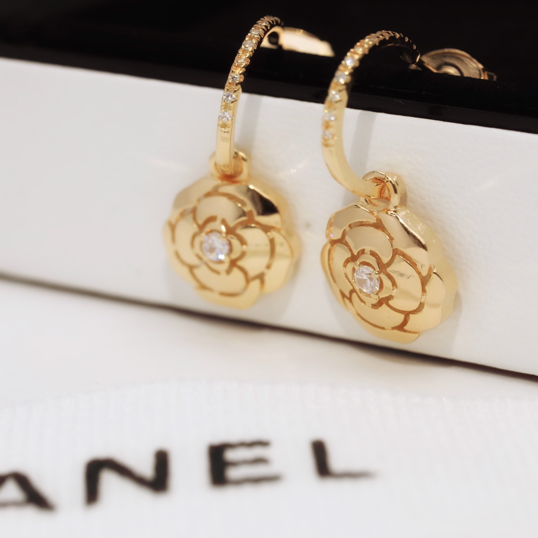 Ch**el Hollow Camellia Earrings Gold For Women