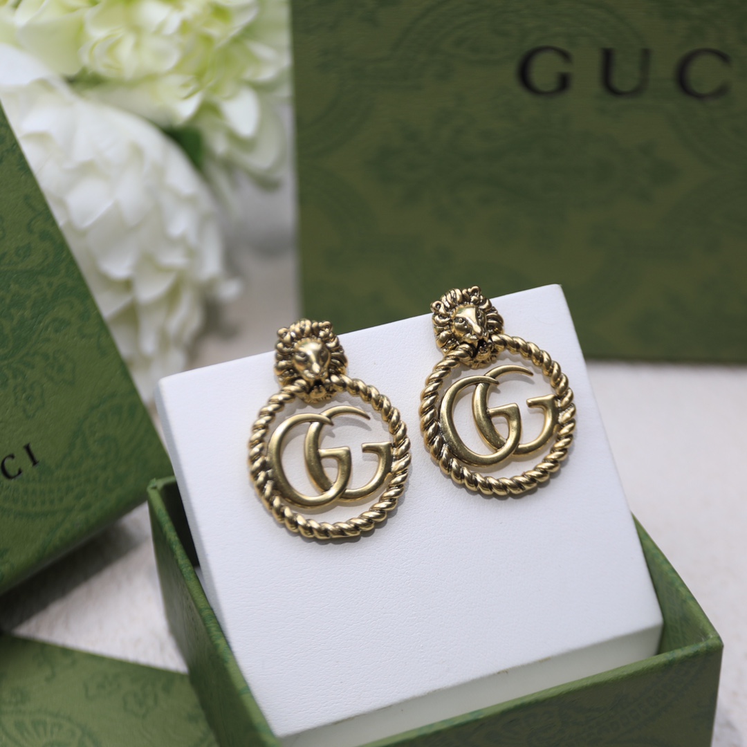 Gvc*1 Lion Head Earrings Gold Tone For Women