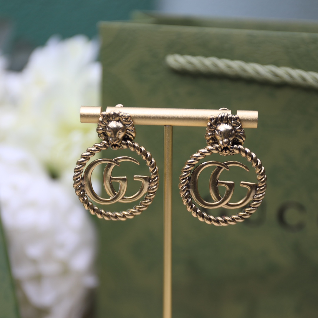 Gvc*1 Lion Head Earrings Gold Tone For Women