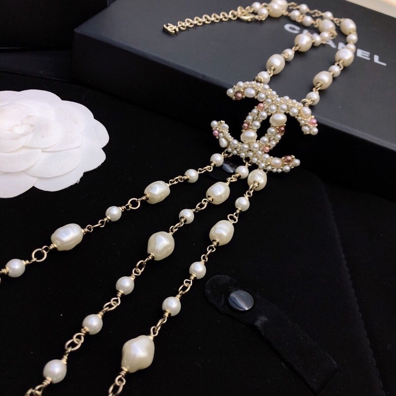 Ch**el Long Stylized Pearl Necklace Gold Tone For Women