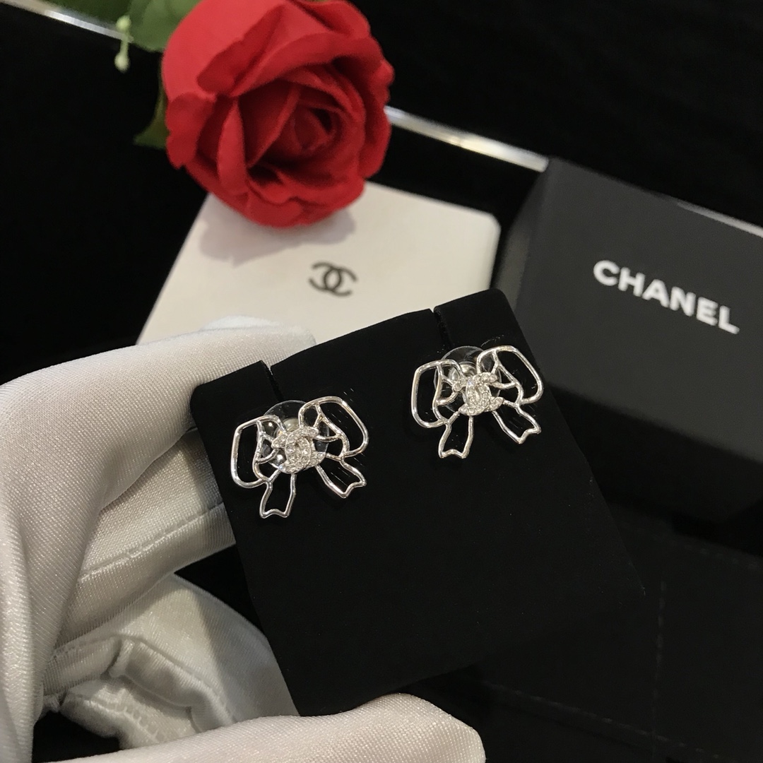 Ch**el Lovely Bow Frame Earrings Silver Tone For Women