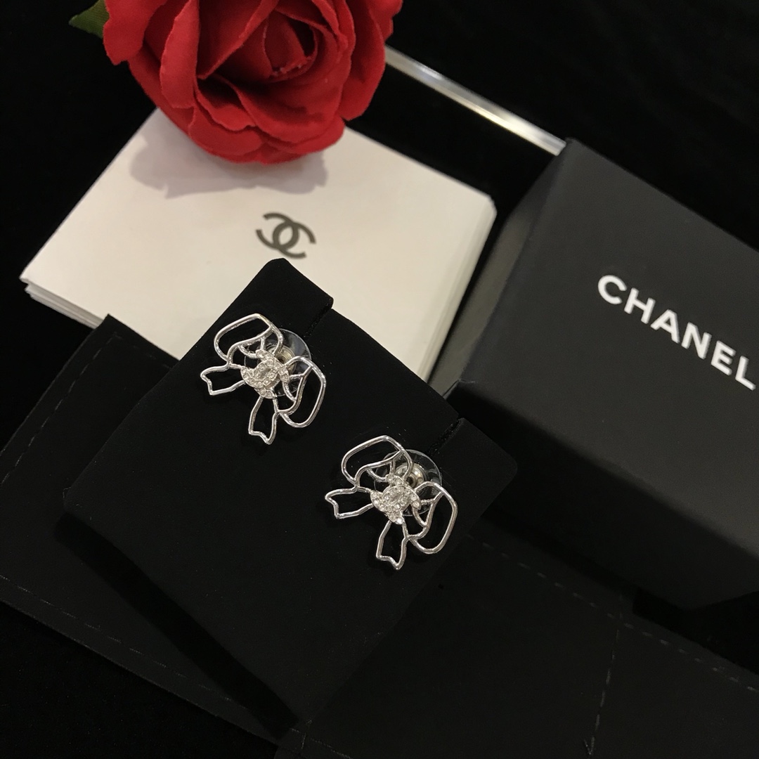 Ch**el Lovely Bow Frame Earrings Silver Tone For Women