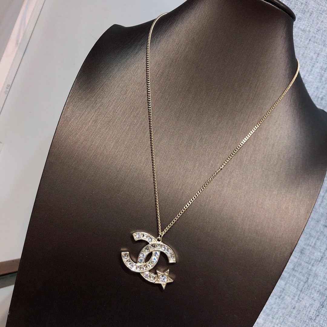 Ch**el Mini Star With Douple C Necklace Gold Tone For Women
