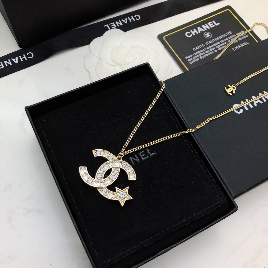 Ch**el Mini Star With Douple C Necklace Gold Tone For Women