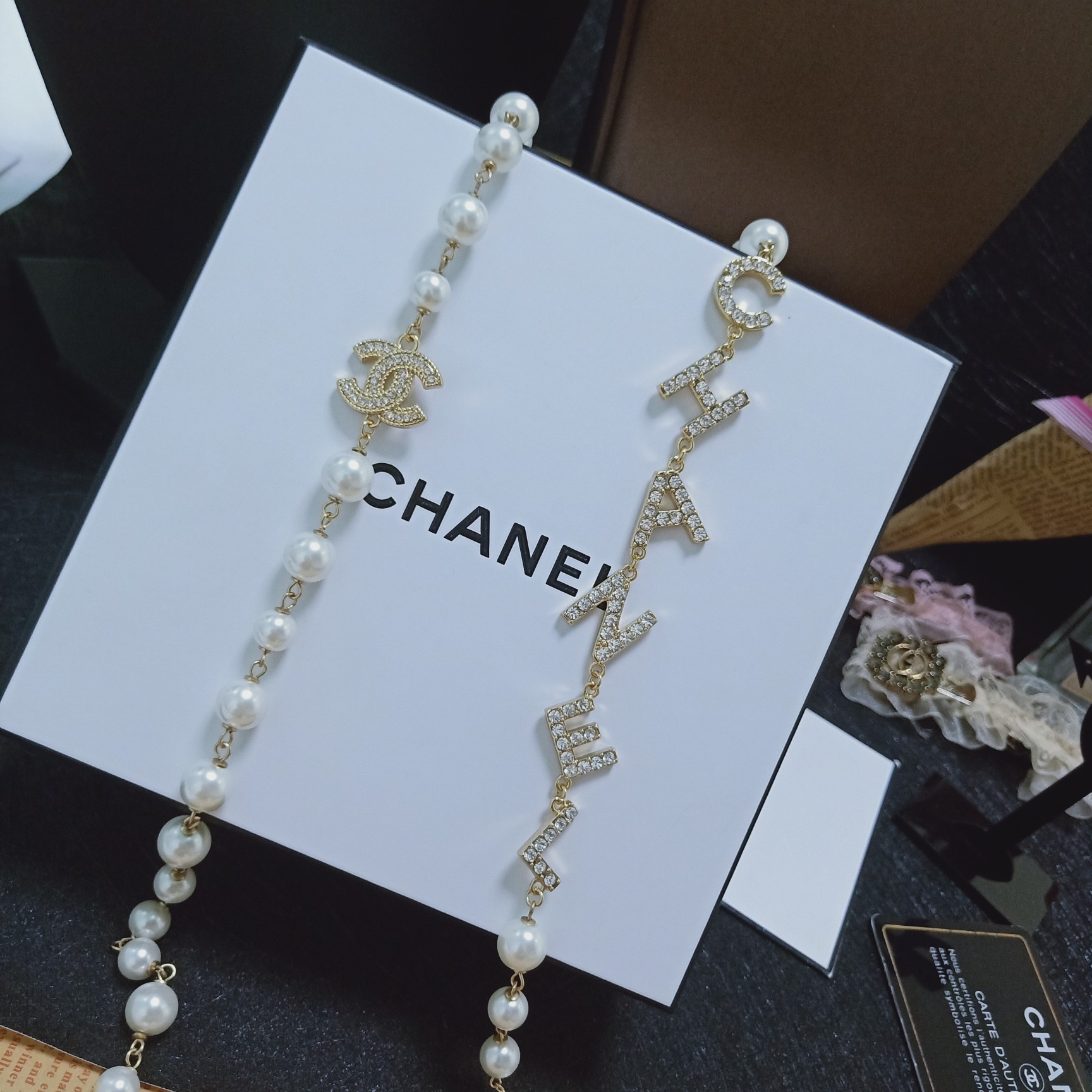 Ch**el Multi Layered Letters Links Pearl Necklace White For Women