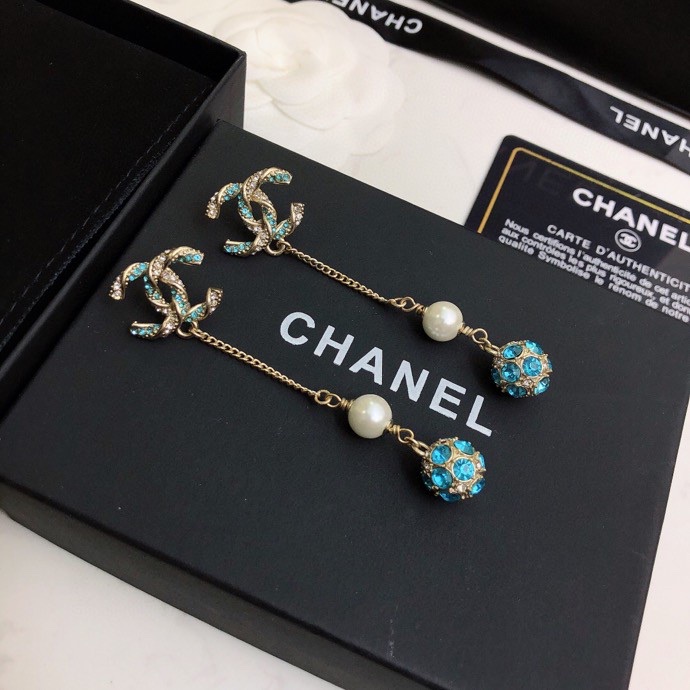 Ch**el Pearl Long Earrings Jade Green For Women