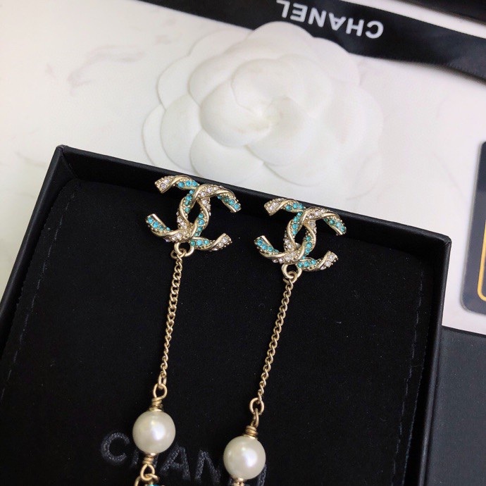 Ch**el Pearl Long Earrings Jade Green For Women