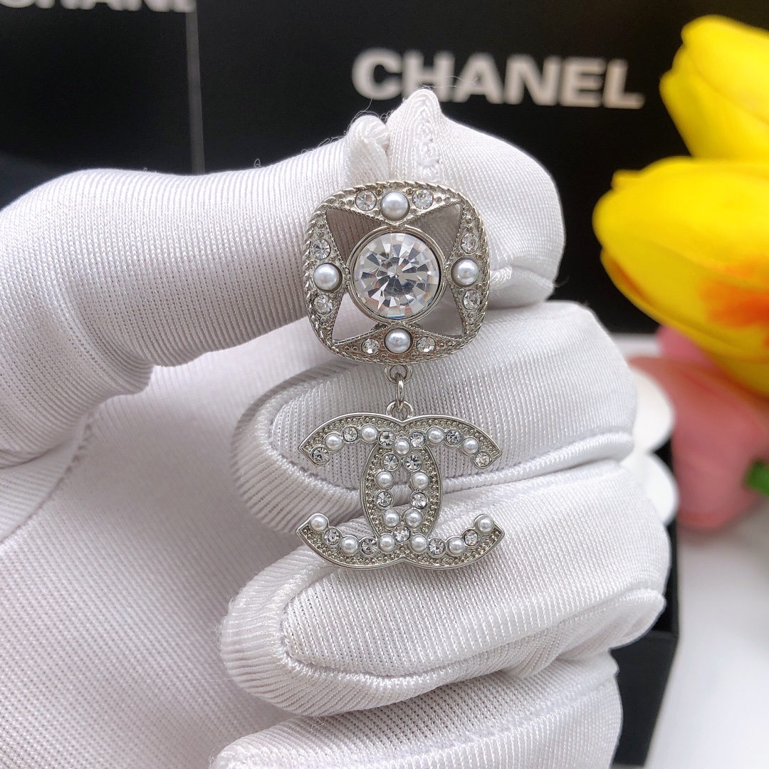 Ch**el Square Double C Stud Earrings White For Women