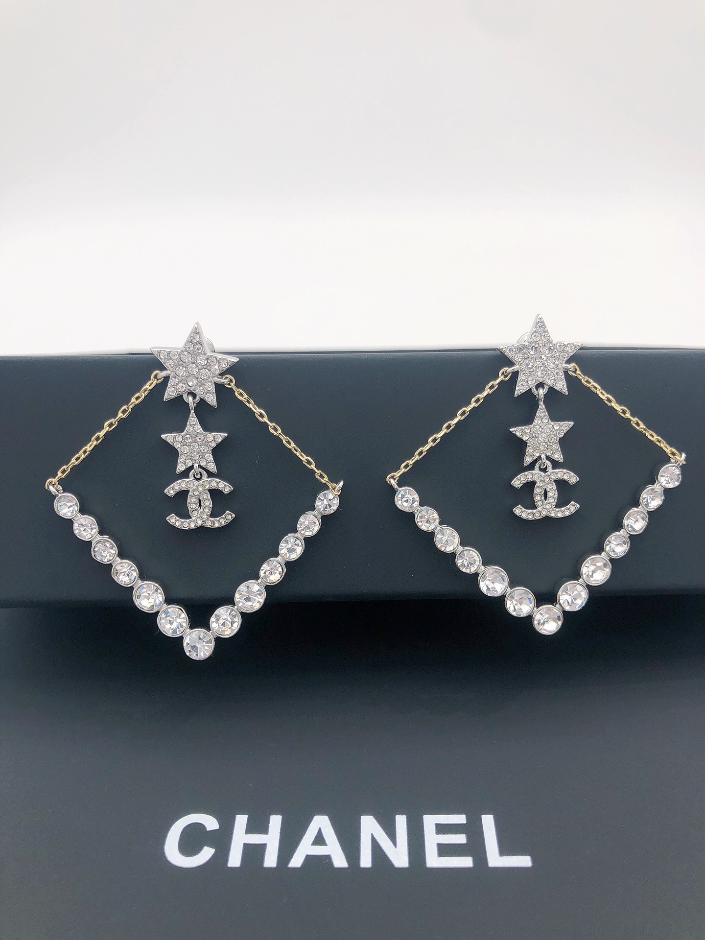 Ch**el Triangle Star Crystal Earrings Silver For Women