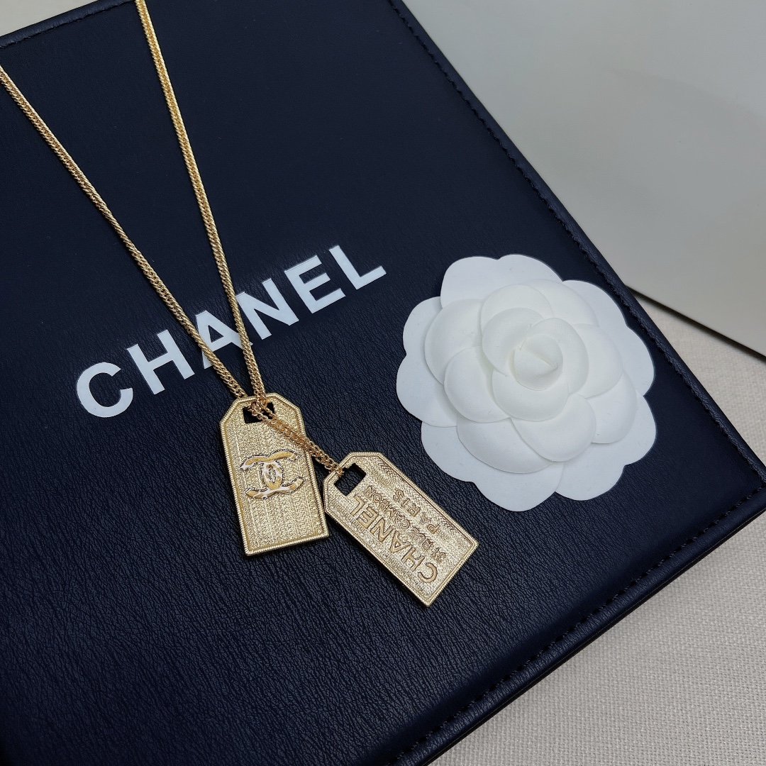 Ch**el Two Tag Engraving Signature Necklace Gold Tone For Women