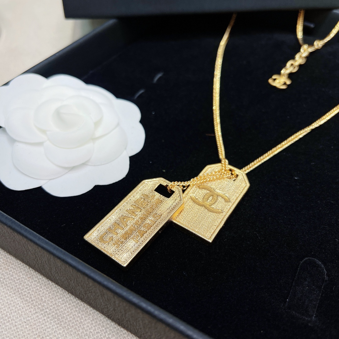 Ch**el Two Tag Engraving Signature Necklace Gold Tone For Women