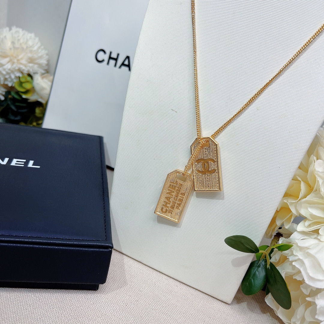 Ch**el Two Tag Engraving Signature Necklace Gold Tone For Women