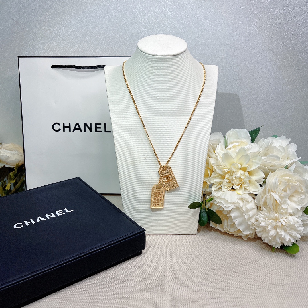 Ch**el Two Tag Engraving Signature Necklace Gold Tone For Women