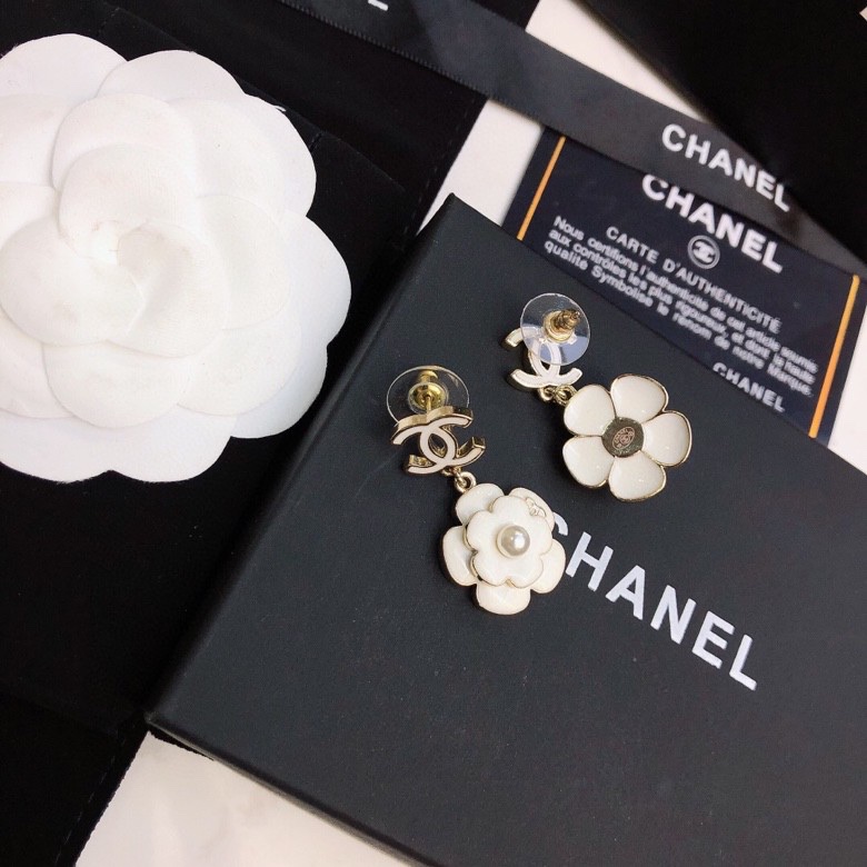 Ch**el White Camellia Flower Earrings Gold Tone For Women